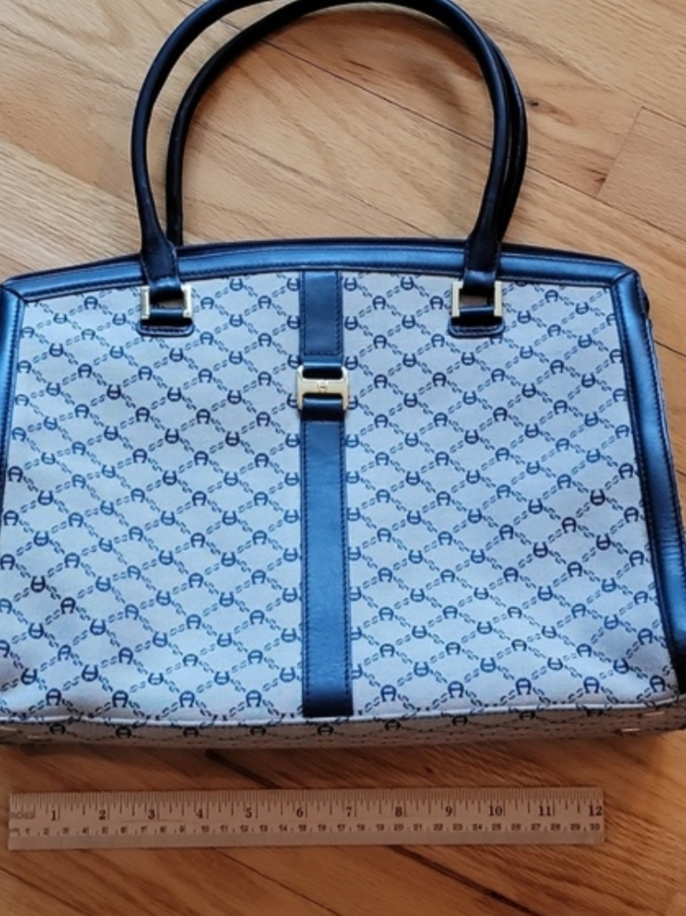 Etienne Aigner Blue and White Patterned Tote Handbag